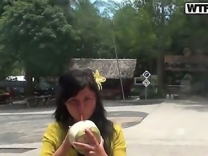 Sexy Asian babe in yellow outfit Bella gets horny and masturbates in a public...