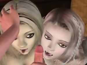 Two sexy 3D cartoon elf babes suck and tug on a cock