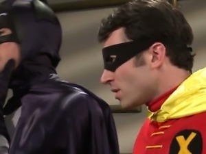 Superhero cums on a rich ladies tits after rescueing him