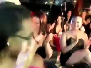 Group of party girls playing with CFNM strippers