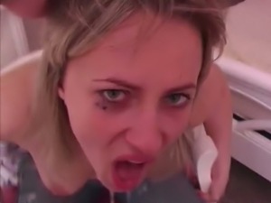Blonde slut gags a lot on this hard cock