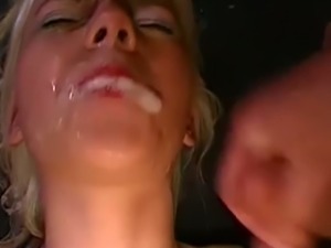 Tiny German blondie gets her face covered with cum