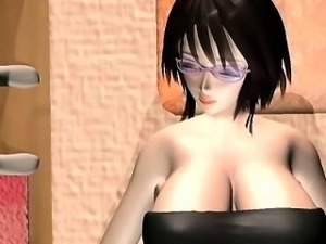 Geeky 3D anime babe slurps hot cum