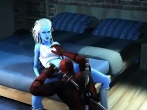 Blue skinned 3D cartoon babe gets licked by Deadpool