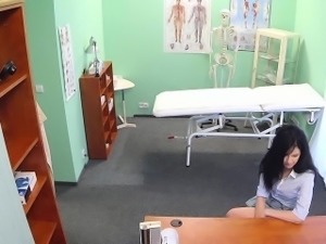 Sexy brunette patient bent over banged in fake hospital