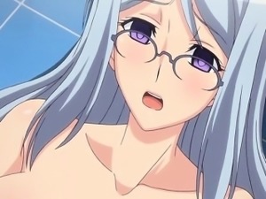Big titted hentai babe with glasses in swimsuit gets fucked