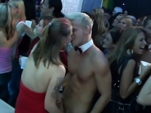 Two blonde waiters trickling puss and fucking one bitch