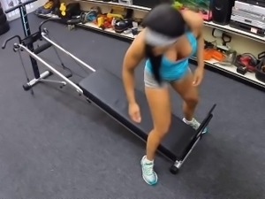 Muscular gym trainer gets her pussy drilled by pawn man