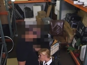 Hot blonde milf gets her pussy screwed in storage room