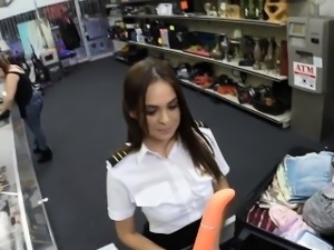 Latina stewardess sucks off and banged at the pawnshop