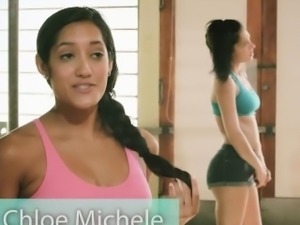 Two hot brunettes babes yoga session with busty trainer