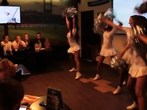 Hot cheerleaders in tiny white outfits entertain bar custom