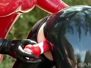 Horny fancy lady Paige Delight and her lusty kooky in latex suits make love...