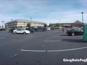 Teen sucks off strangers in parking lot in public in a public porta potty