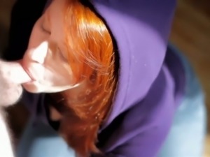 Sweet pale skin cutie in a hoodie gives sensual head under the sunlight