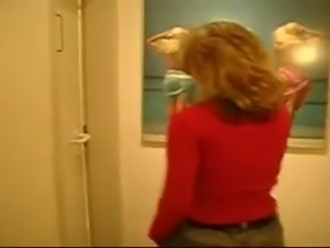 Blonde MILF giving awesome deepthroat blowjob in the bathroom
