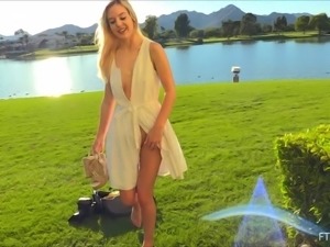 Stunning blonde in a summer dress shows off her gaping vagina