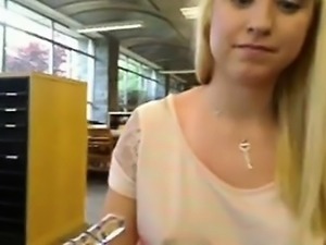 Blonde teenager uses dildo in collection that is public