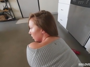 After catching my sexy sibling on all fours in the kitchen, my cock grew long...