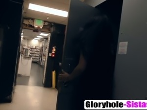 Stunning ebony babe masturbates in gloryhole room then blows white cock