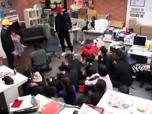 Two adorable Asian babes getting rammed by a group of guys