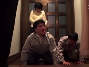 Lustful Japanese housewife has two guys banging her snatch