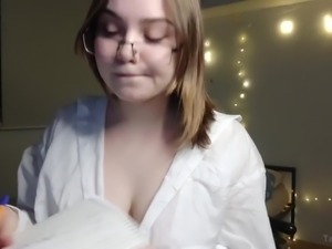 Young busty teacher from Russia talks dirty while jerking off dildo