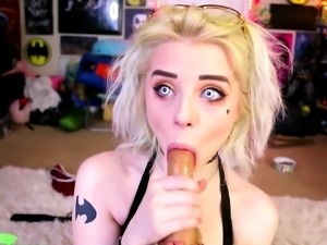 Blonde teen fucks her bun with sex toy and does blowjob