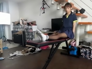 Petite Asian girl in stockings gets trained in bondage