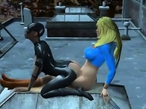 3D dyke Catwoman gets fucked with a strap on dildo